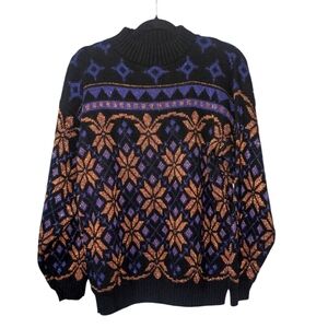 Vintage Purple and Orange Turtleneck Sweater with Nordic Pattern